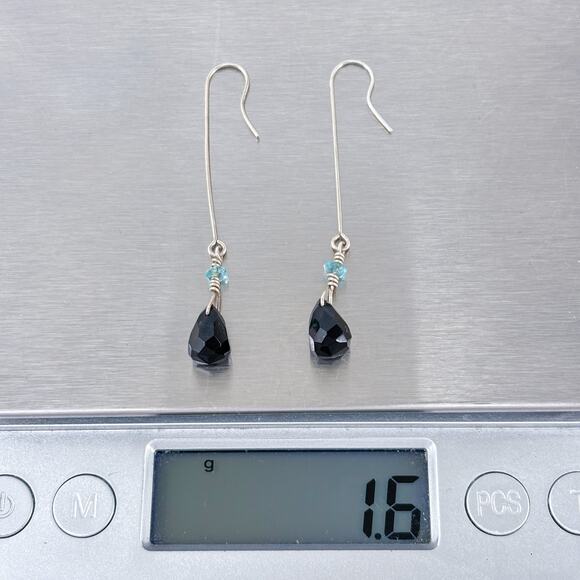 Estate Sterling Silver 925 Black Garnet Aquamarine Long Drop Earrings - Picture 7 of 7